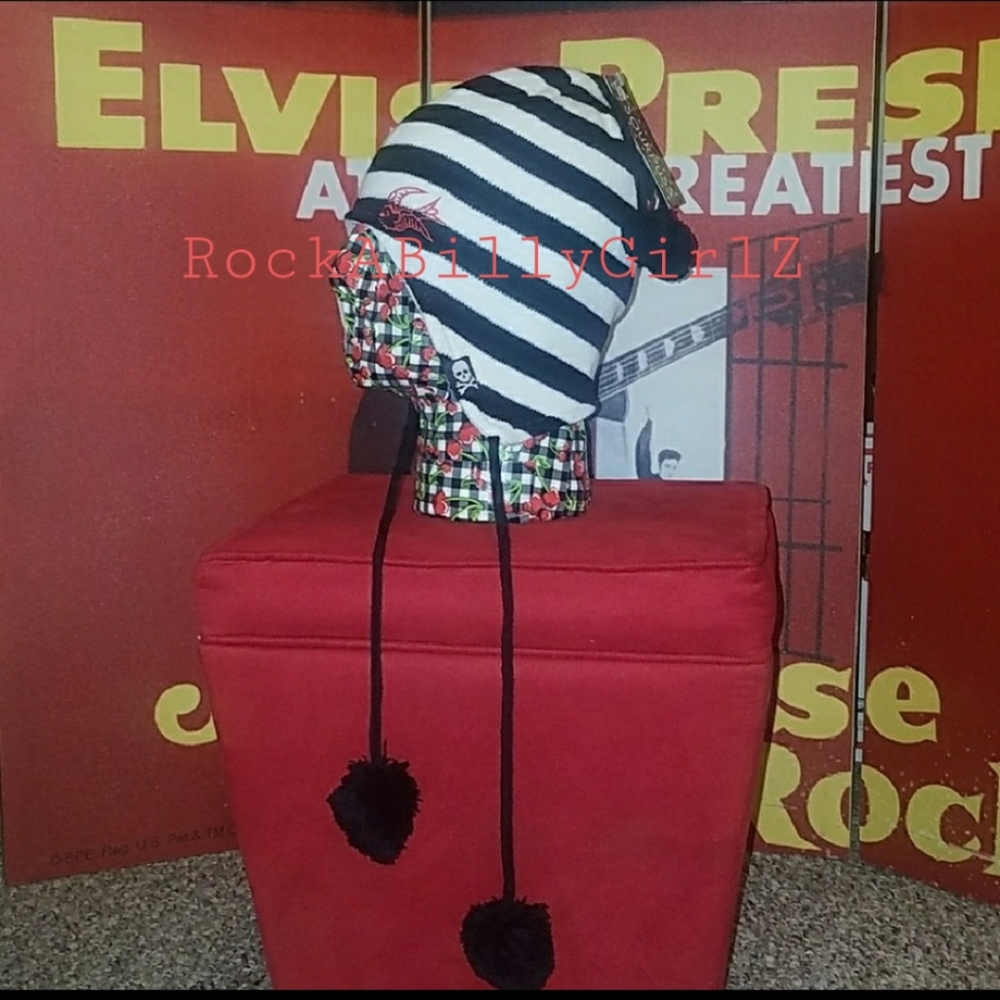 Sourpuss Pom Pom Black & White Striped Trapper Hat Red Embroidered Sparrow Bird